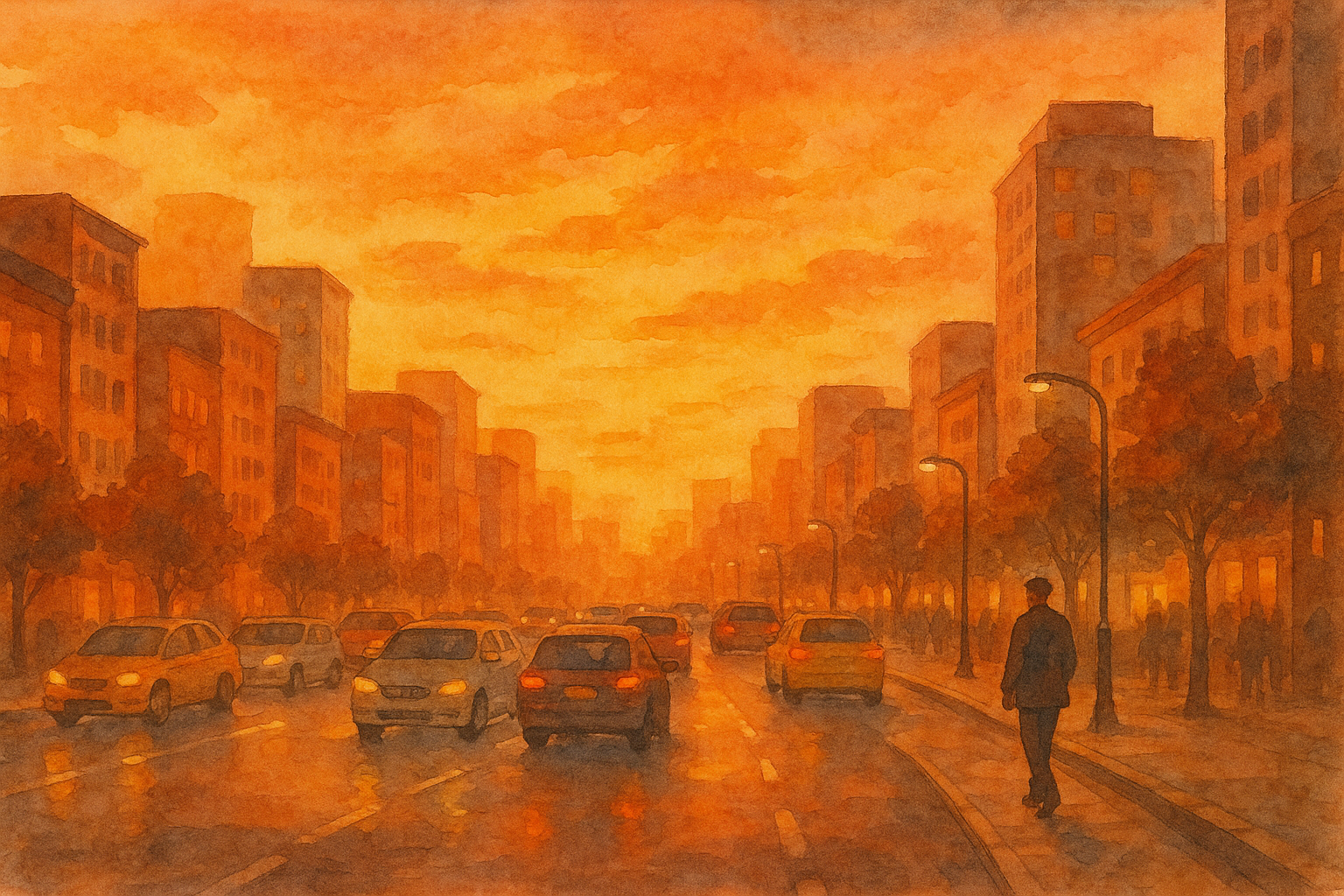 저녁 노을 속 바쁜 거리