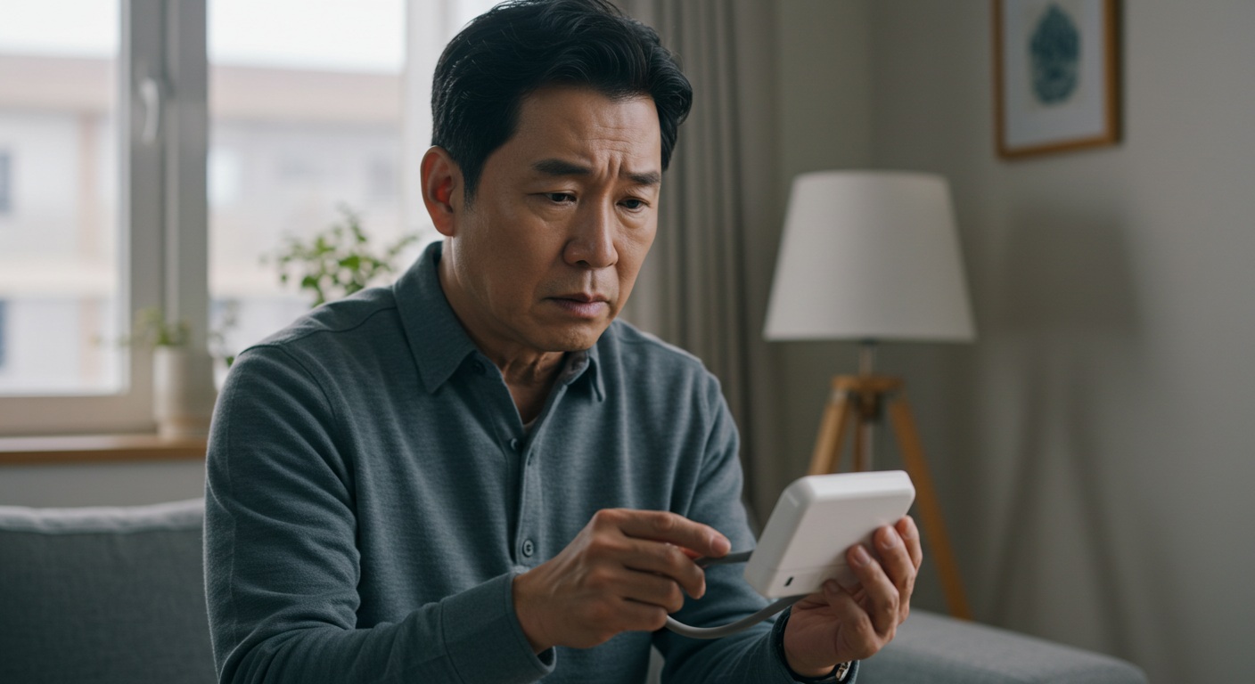 혈압계를 보고 있는 중년 남성, 가정 환경, 조금 걱정스러운 표정