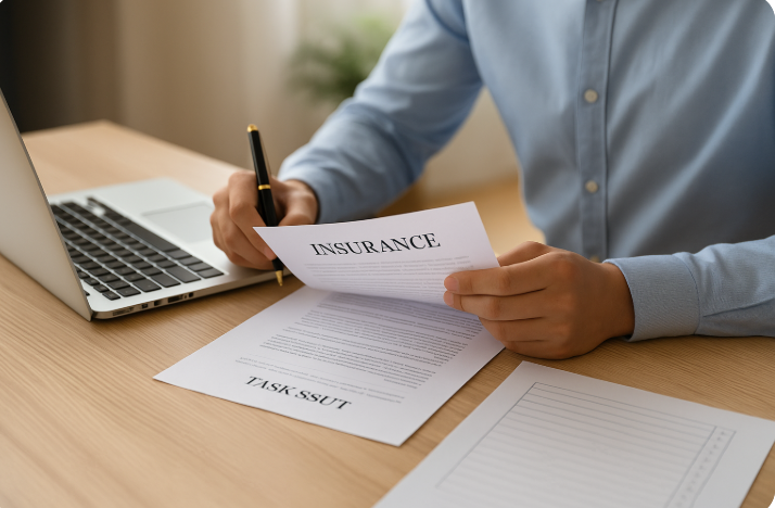 보험 서류를 확인하며 기록하는 모습