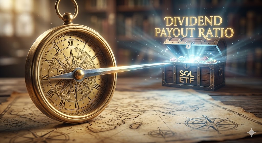 황금 나침반이 '배당 성향'을 가리키고 보물상자가 놓여 있는 신비로운 이미지