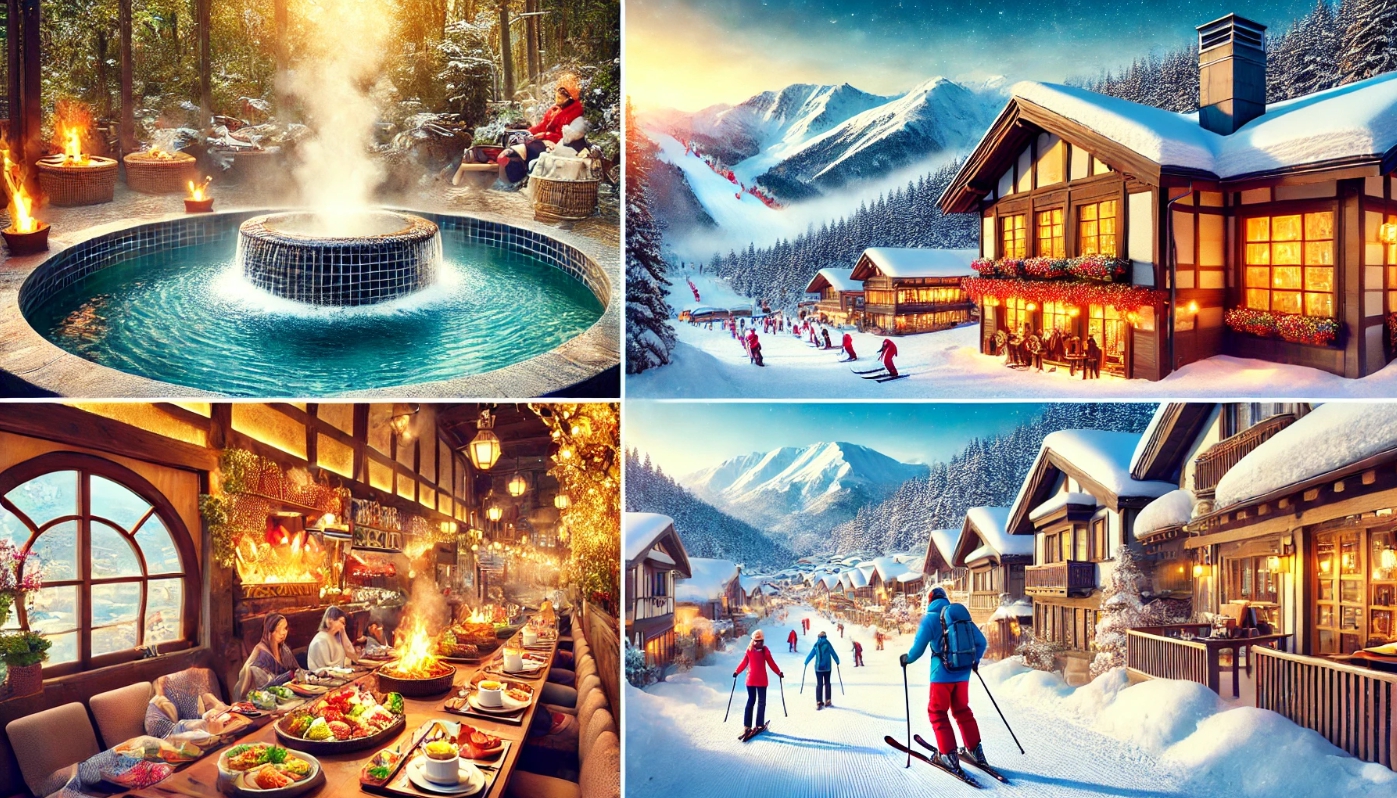 온천 스키장 맛집 등 겨울 여행 추천을 표현한 이미지입니다.