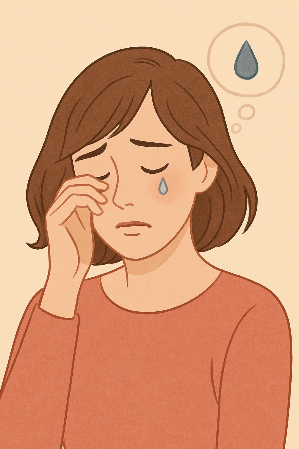 눈물샘이-예민해져-눈가를-손으로-살짝-누르며-눈물이-흘러내리는-여성의-표정-감정이-담긴-따뜻한-톤의-일러스트