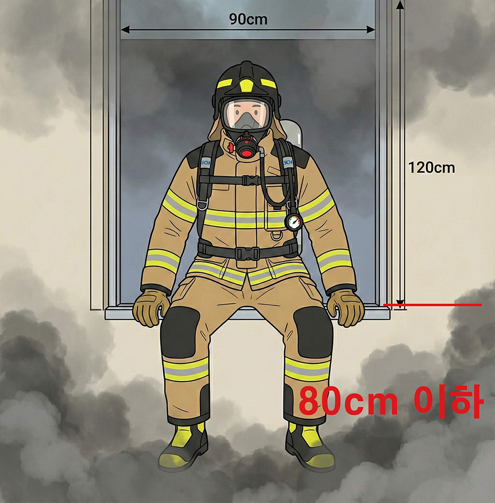 소방관 진입창의 높이가 800mm인 이유는 소방관의 안전을 위함이다.