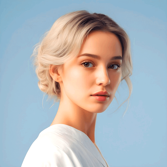 금발의 올림머리를 한 백인 미녀가 정면을 응시한다. 하얀 티셔츠를 입었다.