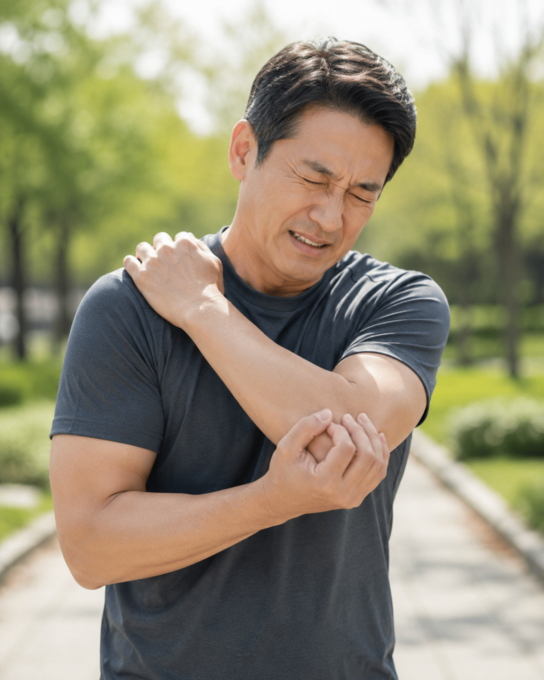 팔꿈치 통증으로 고통스러워 하는 남자