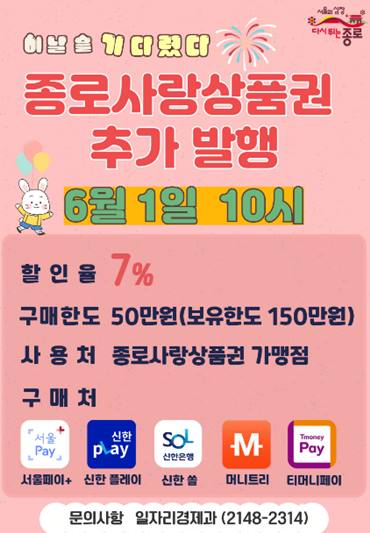 종로사랑상품권 추가 발행