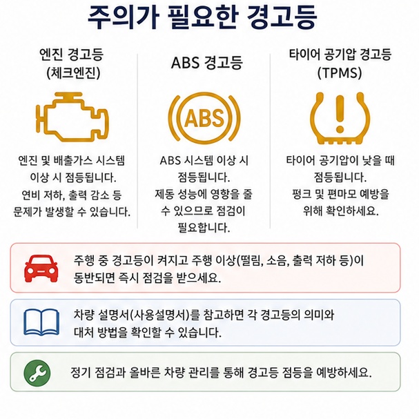 엔진 경고등과 ABS 경고등, 타이어 공기압 TPMS 경고등의 의미와 점검 필요성을 설명한 이미지