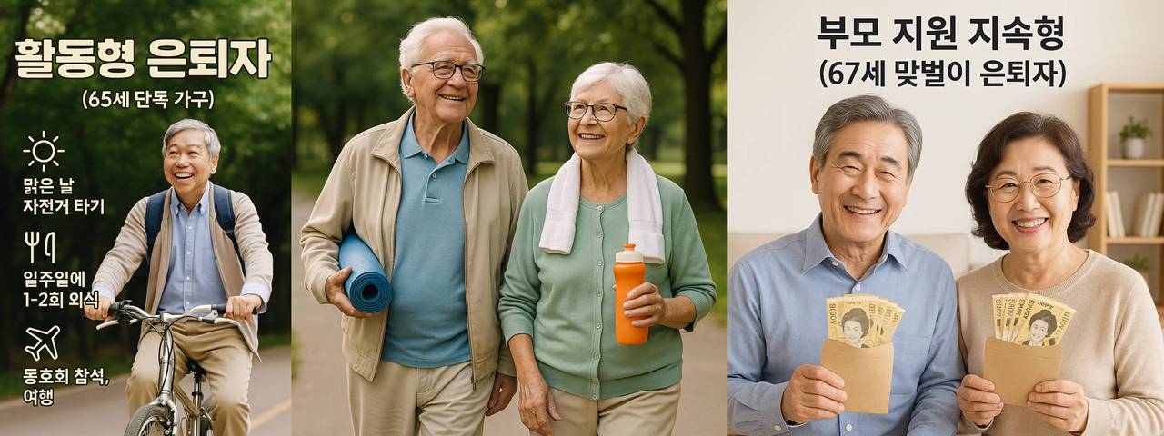 자전거를 타고있는 활동형 은퇴자, 다정하게 걷고있는 절약형 부부, 자녀지원을 지속중인 부부