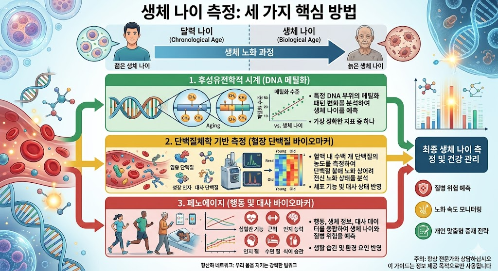 생물학적 나이 측정 &mdash; DNA 메틸화 시계 Horvath GrimAge PhenoAge 혈액 단백질 텔로미어 비교 정확도