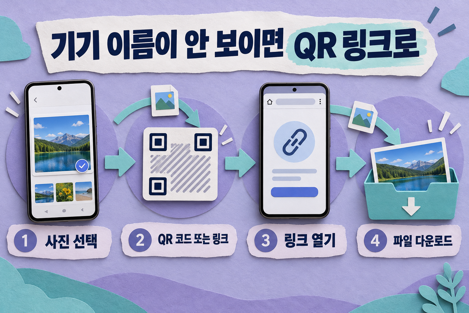 기기 검색 대신 QR 코드 또는 링크를 열어 파일을 내려받는 전달 경로