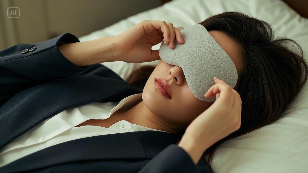 She is protecting her eyes with a pd on her eyes.