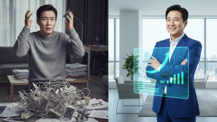 무질서한 재무 상태(Before)에서 IRP를 통한 체계적인 자산 관리(After)로 변화하는 한국인의 모습을 담은 이미지