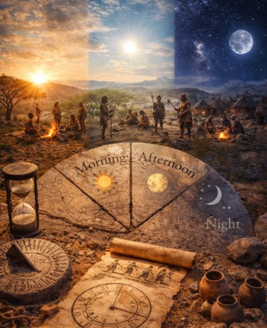인간이 하루를 아침, 낮, 밤으로 구분하며 생활하기 시작한 과정을 상징적으로 표현한 이미지입니다.