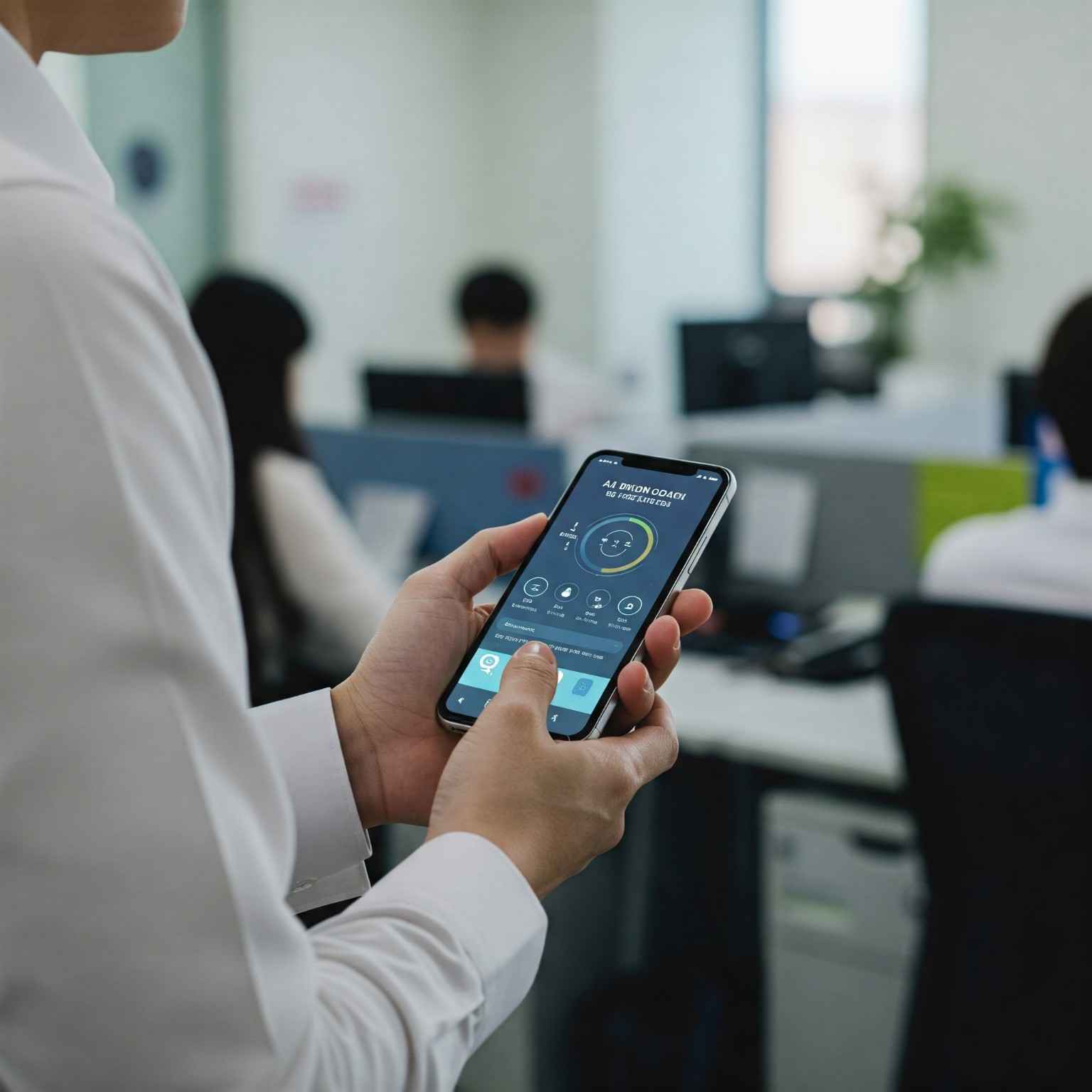 직장인이 사무실에서 AI 감정 코치 앱을 사용하는 모습 – 감정 관리 기술의 일상화