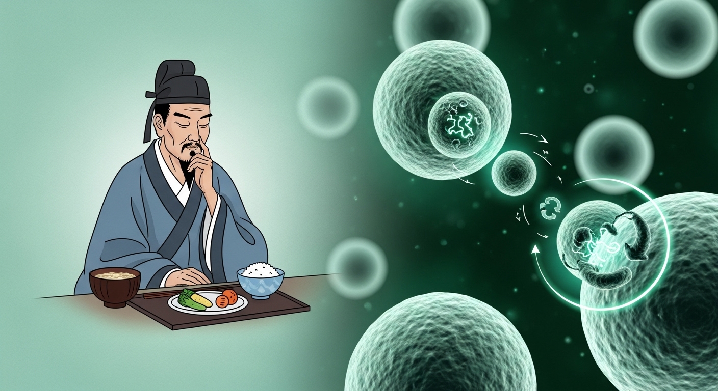 절제와 자가포식을 상징하는 이미지. 한쪽에는 차분하게 명상하는 동양의 현자, 다른 한쪽에는 손상된 세포를 청소하는 듯한 빛나는 세포 구조가 조화를 이루며 고대 지혜와 현대 과학의 만남을 표현합니다.
