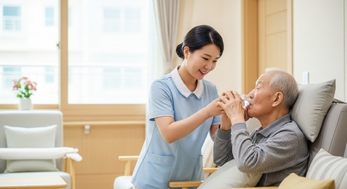 간병인이 노인에게 물 주는 모습