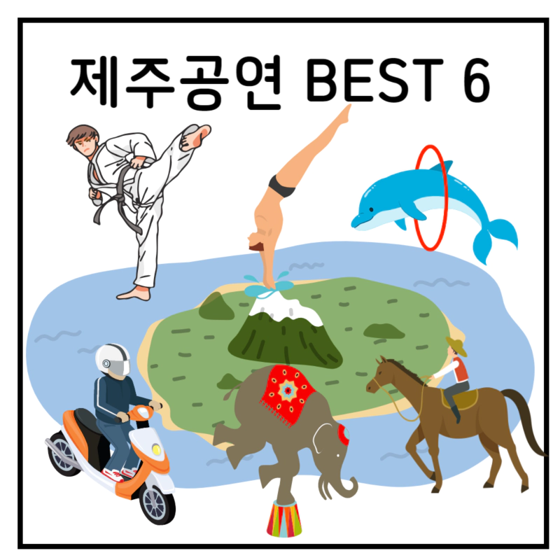 제주도 지도위에 태권도, 다이빙, 돌고래, 오토바이, 코끼리, 말이 있다