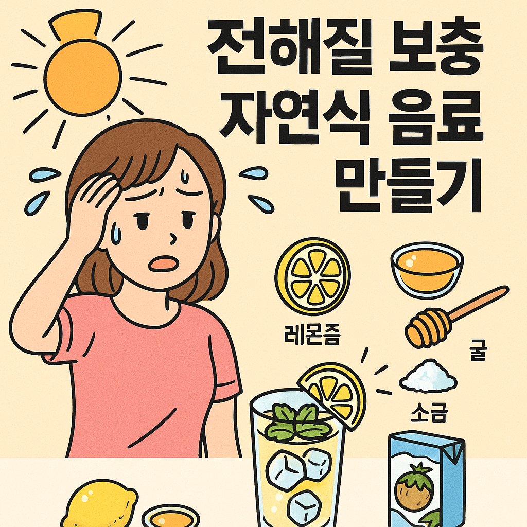 입추 무더위 속 주방에서 탈수 예방 자연식 전해질 음료를 만드는 여성, 시원한 색감과 맑은 재료, 건강한 라이프스타일을 표현한 만화 스타일 일러스트