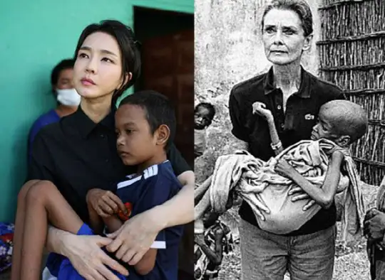 윤석열 대통령 부인 김건희(왼쪽) 여사가 12일(현지시각) 캄보디아 프놈펜에서 선천성 심장질환을 앓고 있는 소년을 안고 있다(왼쪽). 영화배우 오드리 헵번이 소말리아 봉사활동에서 영양실조 어린이를 안고 있다.