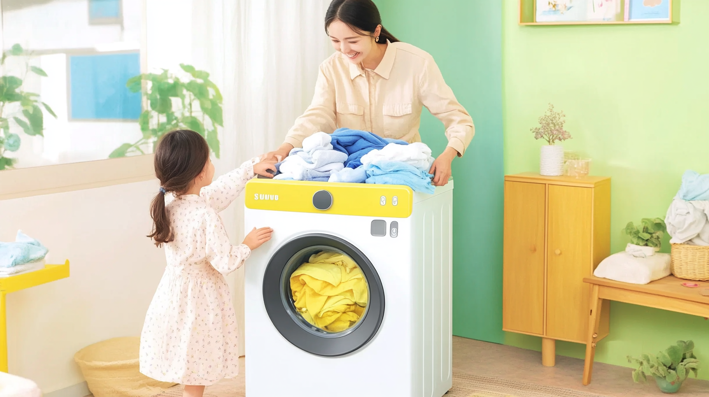 한 가족이 기쁘게 세탁물 대량을 삼성의 25kg 세탁기에 넣고 있는 모습. 세탁기의 뛰어난 수용력을 잘 보여주는 장면. 따뜻하고 아늑한 분위기.