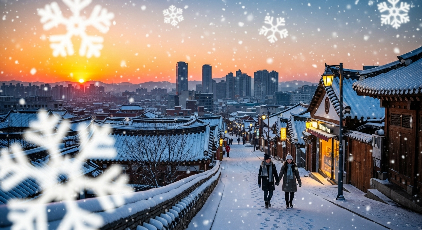 눈내리는 한옥마을 거리를 손잡고 걷고있는 남녀