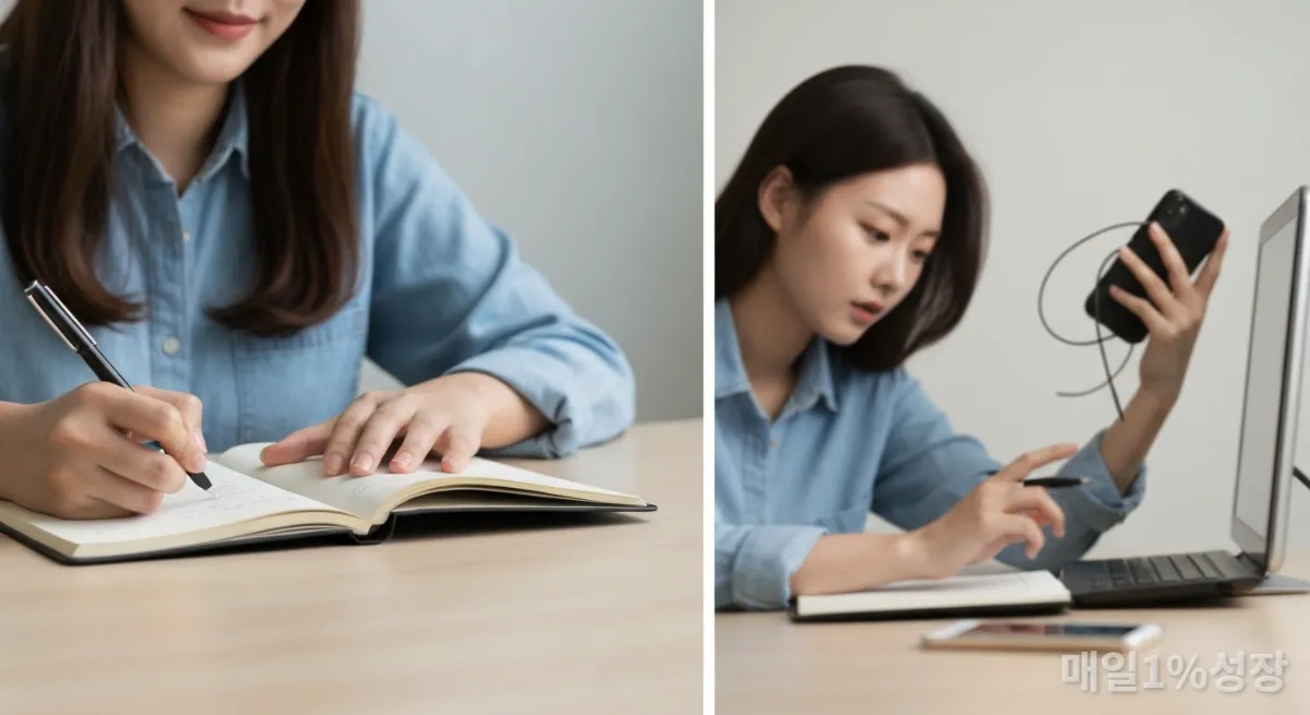 싱글태스킹과 멀티태스킹의 효율성을 대조하는 이미지