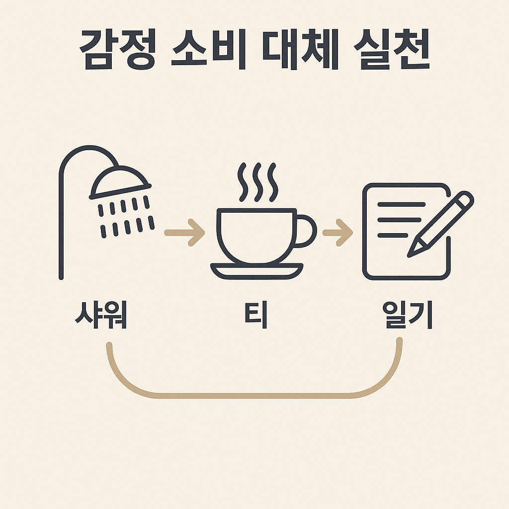 감정 소비를 대체하는 실천 루틴 예시 이미지
감정 다루기, 샤워&middot;티&middot;일기 루틴, 소비 대안