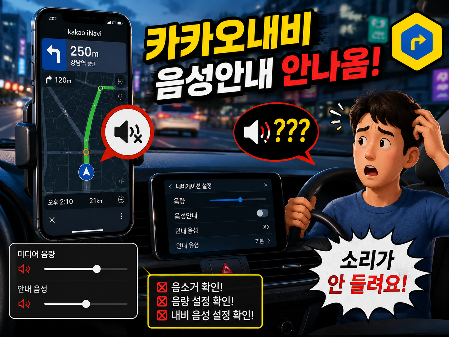 카카오내비 음성안내 안나옴 해결방법 총정리 내비게이션 소리 안나옴 블루투스 연동 안됨