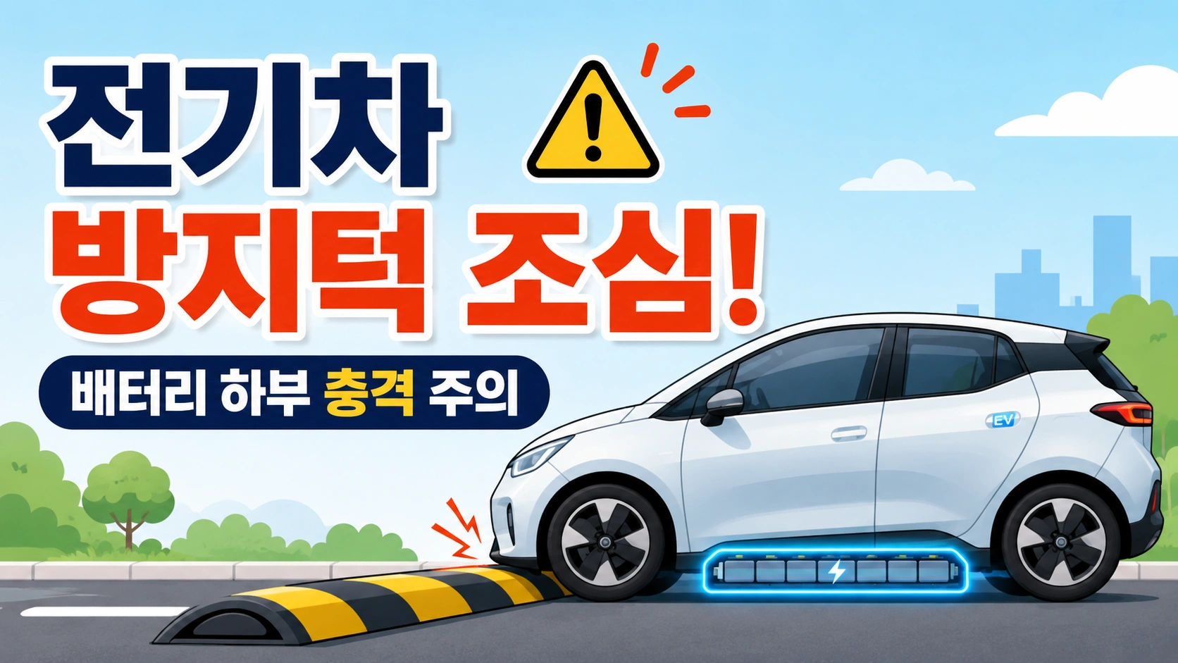 도로 위 과속방지턱을 통과하는 흰색 전기차와 차체 하부에 탑재된 배터리 팩 위치 및 충격 주의 경고 표시 일러스트