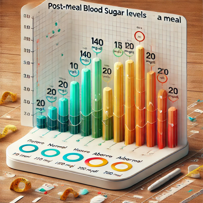 식후 2시간 혈당 정상 수치를 나타내는 그래프. 정상 및 비정상 범위를 구분.