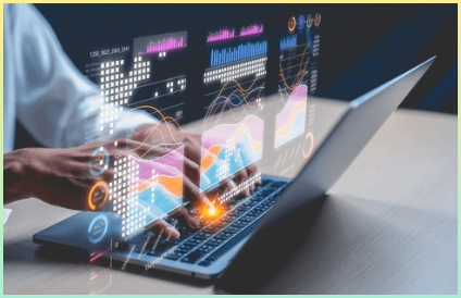 노트북을 사용하는 남자 손 모습 그래프와 단위로 홀로그램 표시