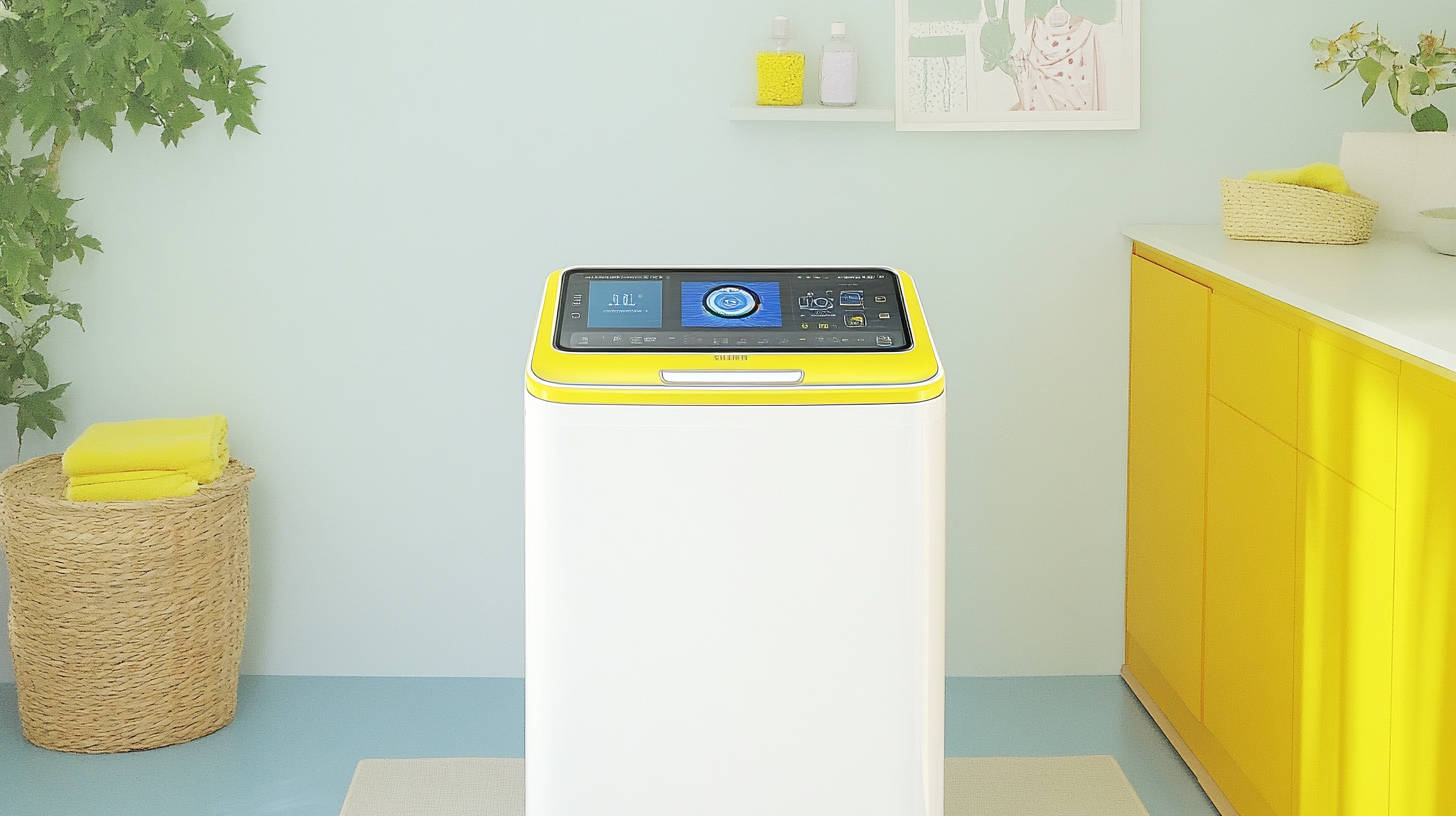 현대적인 세탁실에 설치된 AI 스마트 인터페이스와 터치 스크린 컨트롤이 장착된 세련되고 현대적인 삼성 워시타워