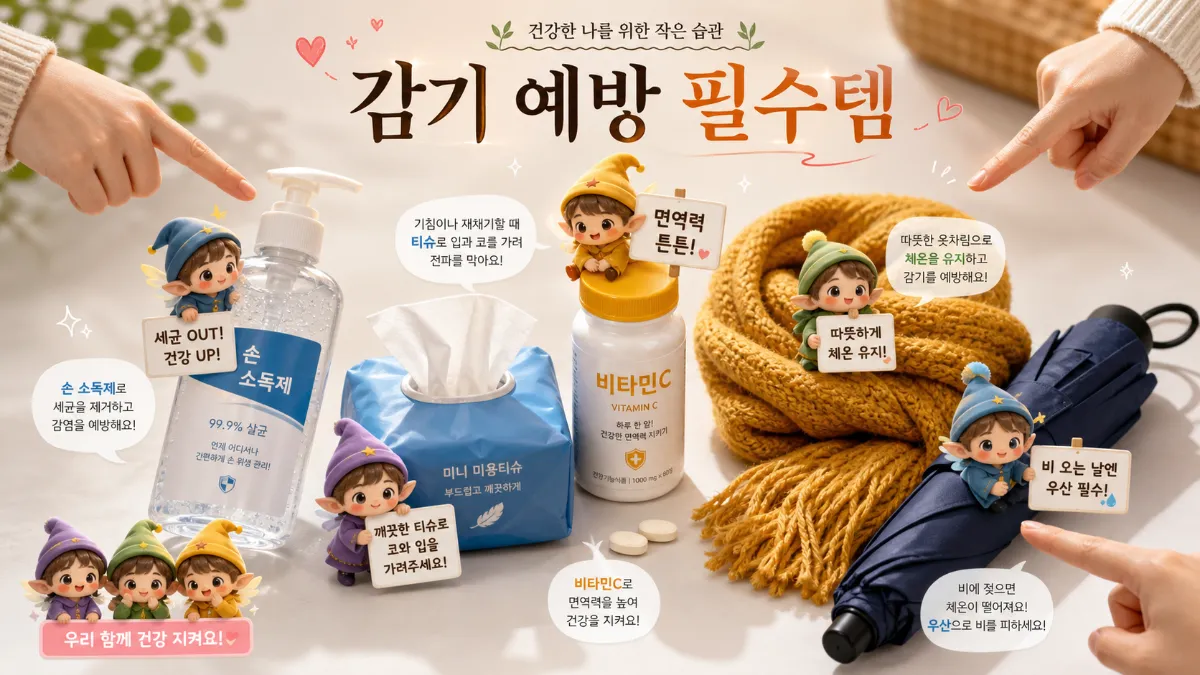감기 예방을 위한 손 소독제, 비타민C, 우산 등 필수 아이템과 미니미 캐릭터