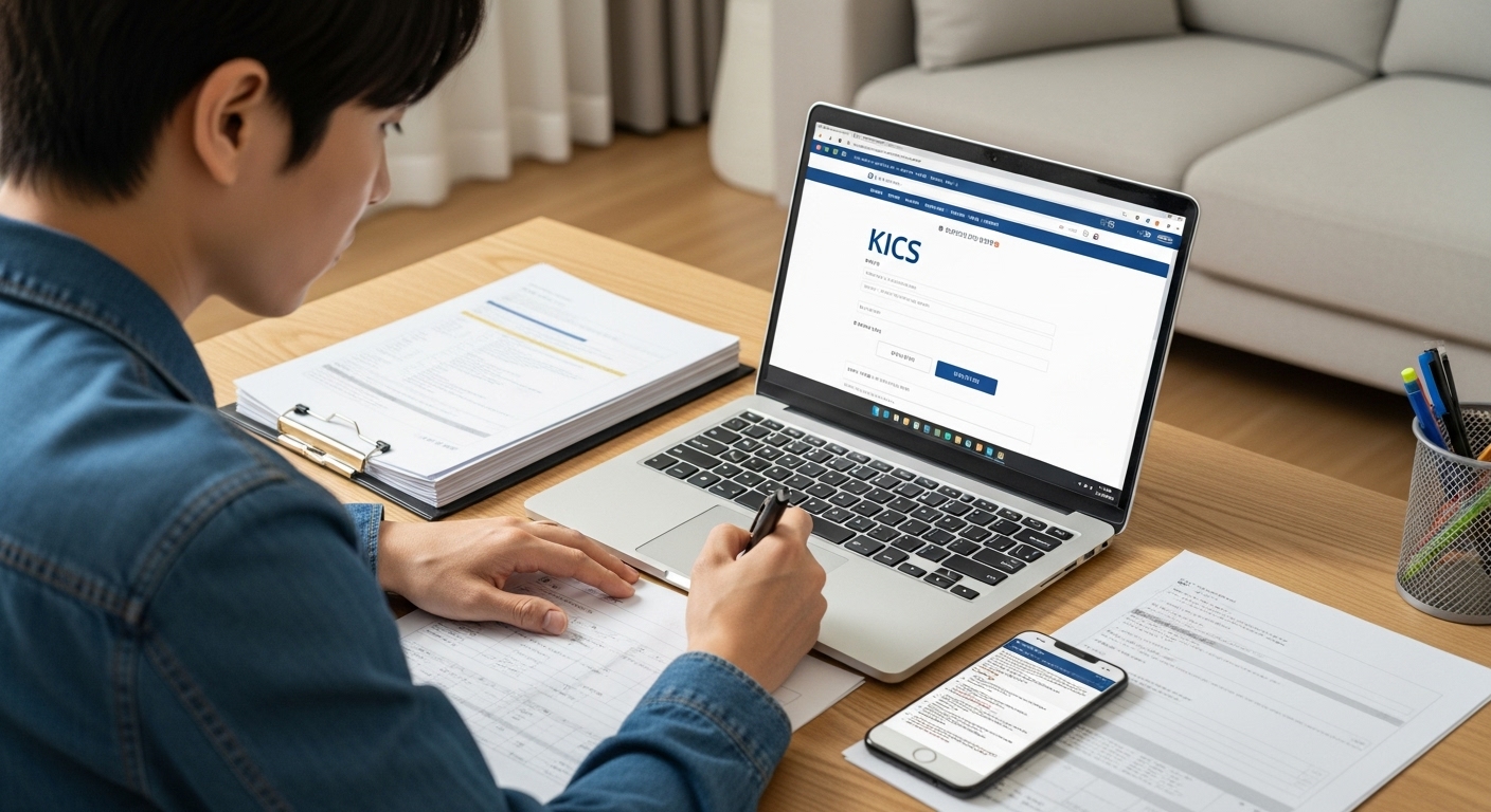 사이버범죄 신고 시스템 KICS에 접속하여 중고거래 사기 신고서를 작성하는 한국인의 모습. 필요한 증거 자료들이 책상 위에 놓여 있습니다.