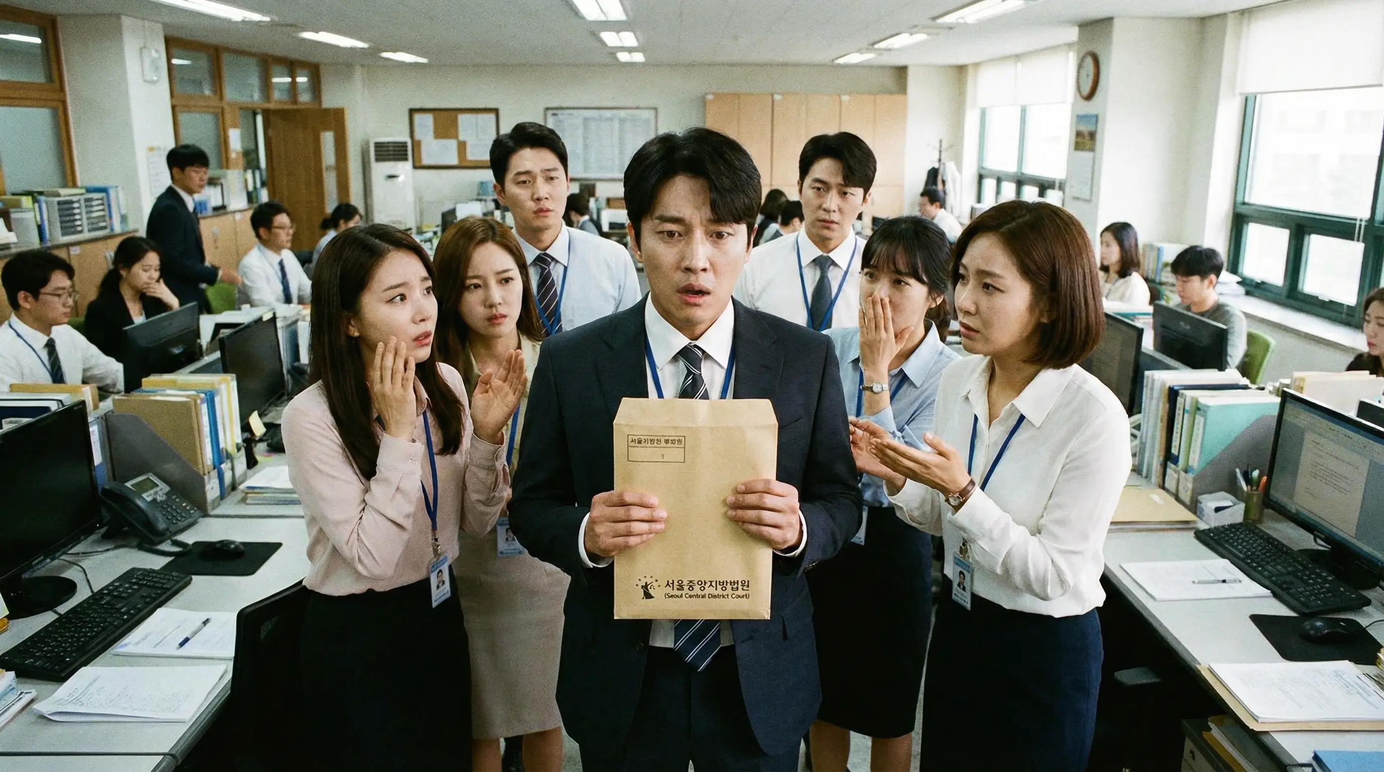 회사 사무실에서 법원 등기 우편을 받고 당황하는 직장인과 이를 걱정스럽게 바라보는 동료들의 모습