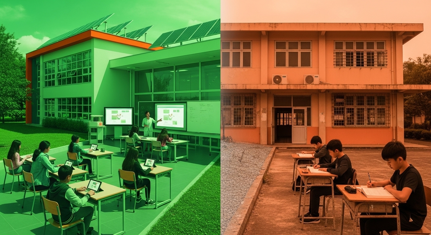 교육 불균형을 상징하는 그림. 한쪽에는 풍부한 자원의 학교와 밝은 환경에서 공부하는 학생들이, 다른 쪽에는 상대적으로 열악한 환경에서 공부하는 학생들이 대조적으로 묘사되어 교육 격차를 보여준다.