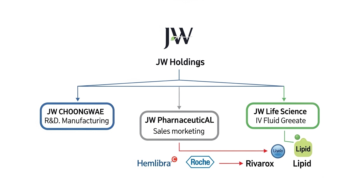JW Pharmaceutical business structure diagram. Center JW Group tree. JW Holdings top. Three branches JW Choongwae R&D manufacturing blue, JW Pharmaceutical sales marketing gray, JW Life Science IV fluid green. JW Pharmaceutical highlighted with Hemlibra Roche logo, Rivarox lipid drug icon. Clean white medical corporate. English labels only.