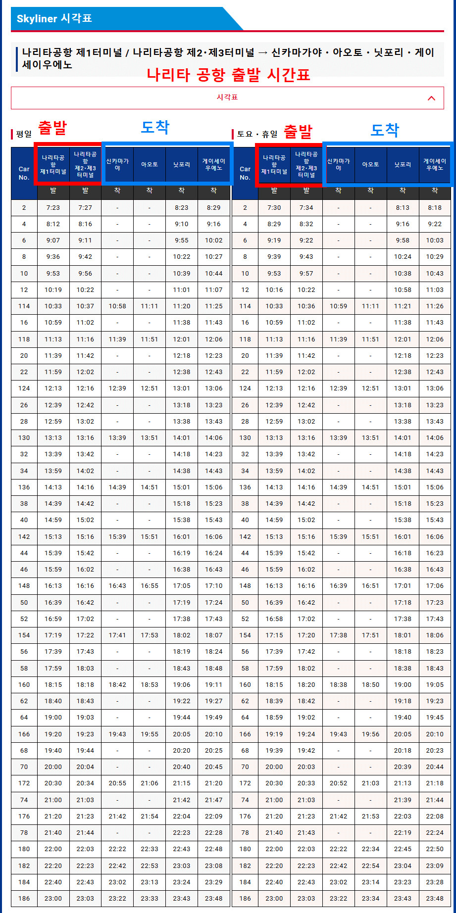 나리타에서 도쿄가는 스카이라이너 시간표