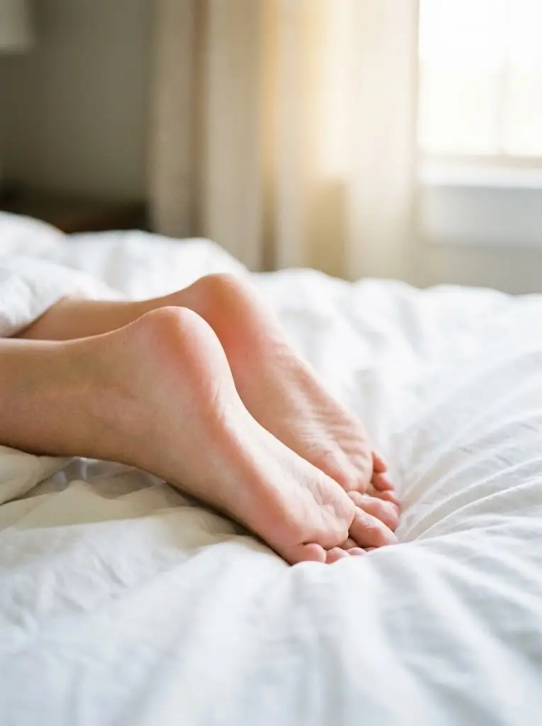 매끈하고 부드러운 발뒤꿈치를 손으로 감싸고 있는 깨끗한 이미지