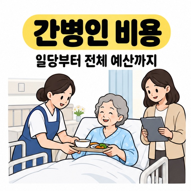 간병인 비용이라는 제목 아래 병상에 앉은 노년 여성에게 간병인이 식판을 건네고 보호자가 곁에서 확인하는 그림