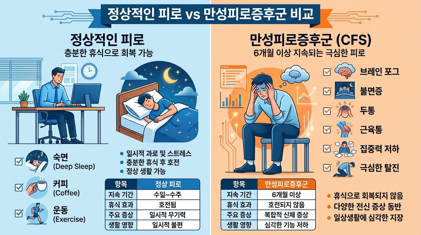 단순 피곤함과 만성피로 증상을 비교한 건강 인포그래픽