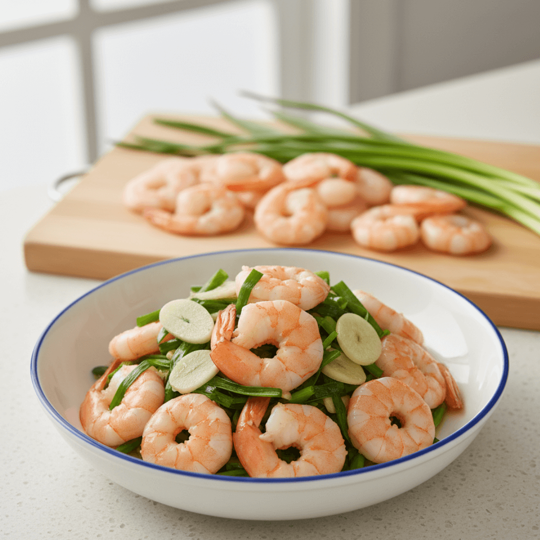 음식궁합(바다의 담백함 + 향긋한 온기)ㅣ새우와 부추의 음식 궁합 — 담백한 탄력 위에 향긋한 온기가 겹쳐지는 ‘산뜻한 활력의 식사’