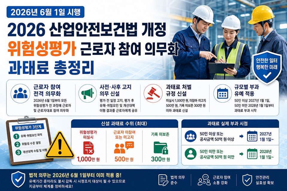 2026년 6월 1일 시행 산업안전보건법 개정 요약 인포그래픽. 근로자 참여 전격 의무화, 사전·사후 고지 의무 신설, 과태료 처벌 규정 신설, 규모별 부과 유예 적용 4가지 핵심 내용과 위험성평가 3단계, 신설 과태료 수위(미실시 1,000만 원·미참여 500만 원·기록 미보존 300만 원), 규모별 과태료 실제 부과 시점을 정리했다.