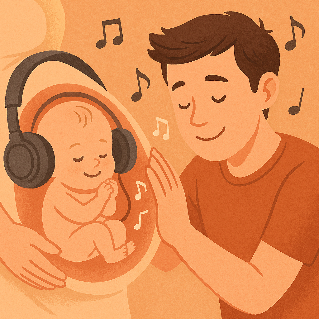 아빠가 임산부의 배에 손을 얹고 태아와 교감하는 장면, 태아는 헤드폰을 쓰고 음악을 들으며 평온한 표정을 짓고 있고, 따뜻한 색조와 음표들이 어우러진 감성적인 태교 이미지
