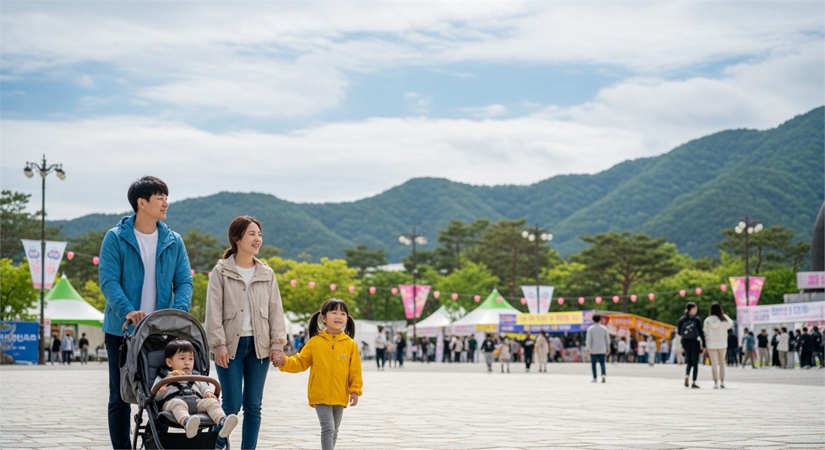 가족 단위 방문객이 행사장에 도착한 모습 