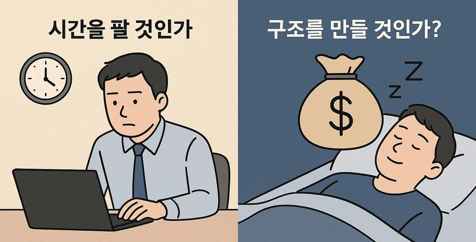 시간을 파는 직장인의 모습과 자는 동안 수익이 생기는 시스템 운영자의 모습을 대비한 일러스트.