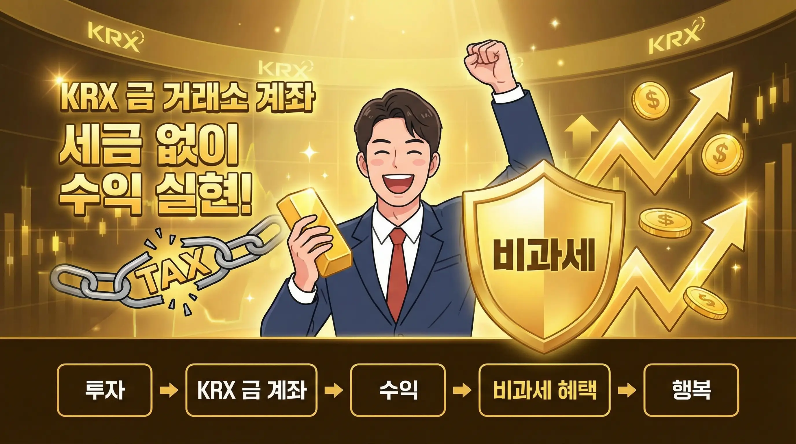 KRX 금 거래소 계좌를 통해 세금 없이 수익을 내고 기뻐하는 투자자의 인포그래픽