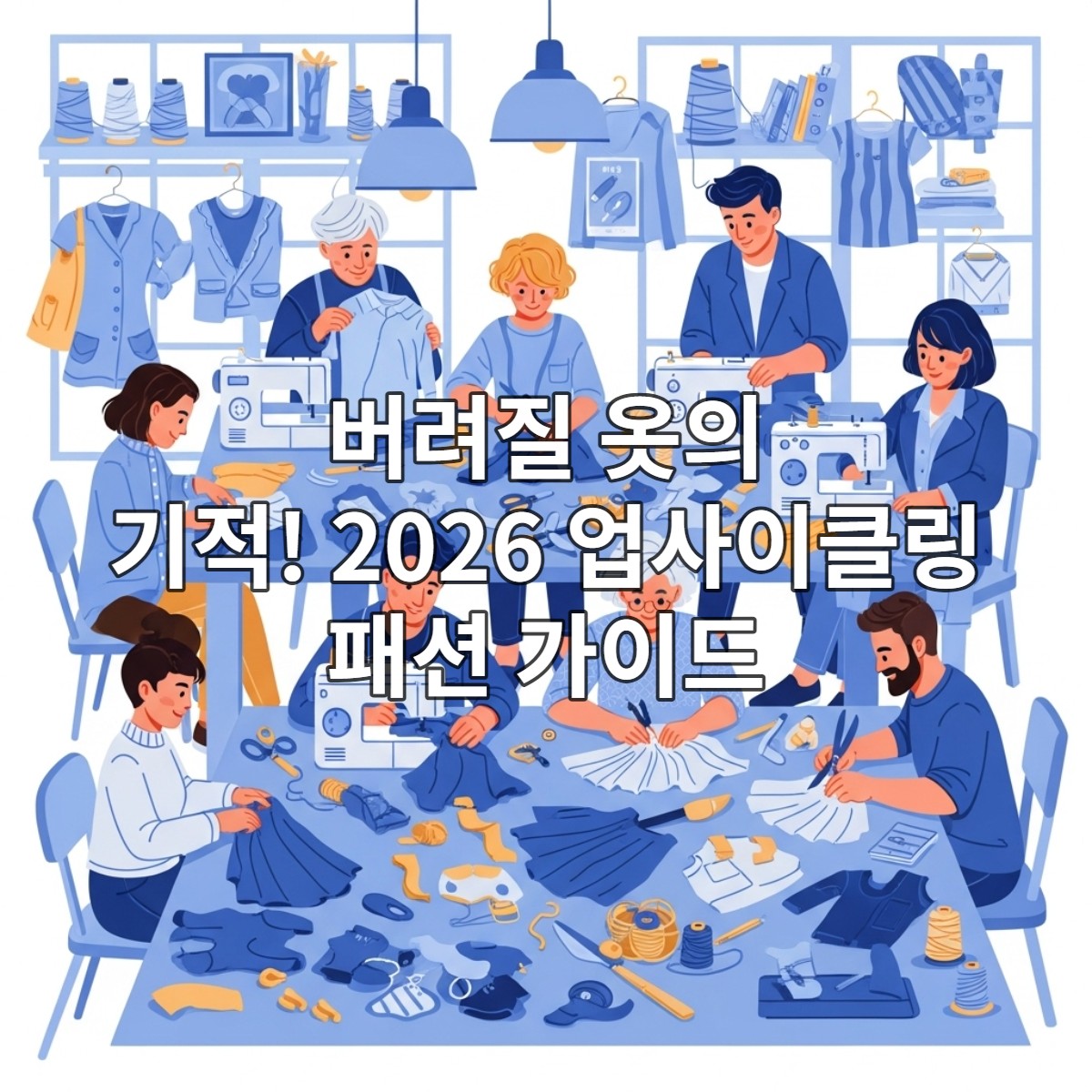 헌 옷을 활용하여 새로운 패션 아이템을 만드는 다양한 연령대의 사람들이 활기찬 작업실에서 함께 즐겁게 업사이클링하는 모습.