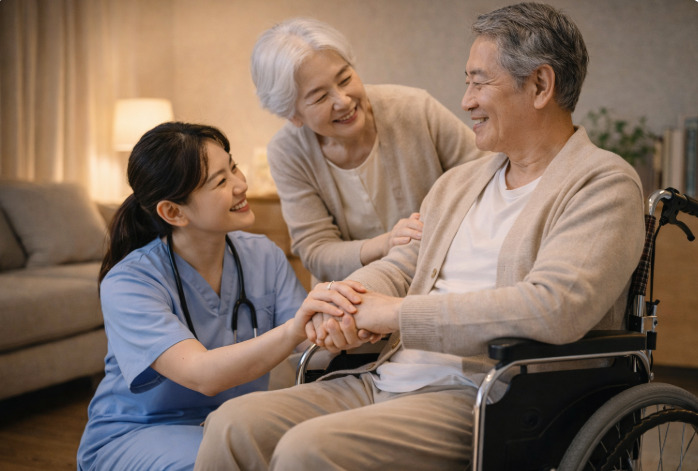 휠체어에 앉은 노인을 간호사와 가족이 따뜻하게 돌보는 모습