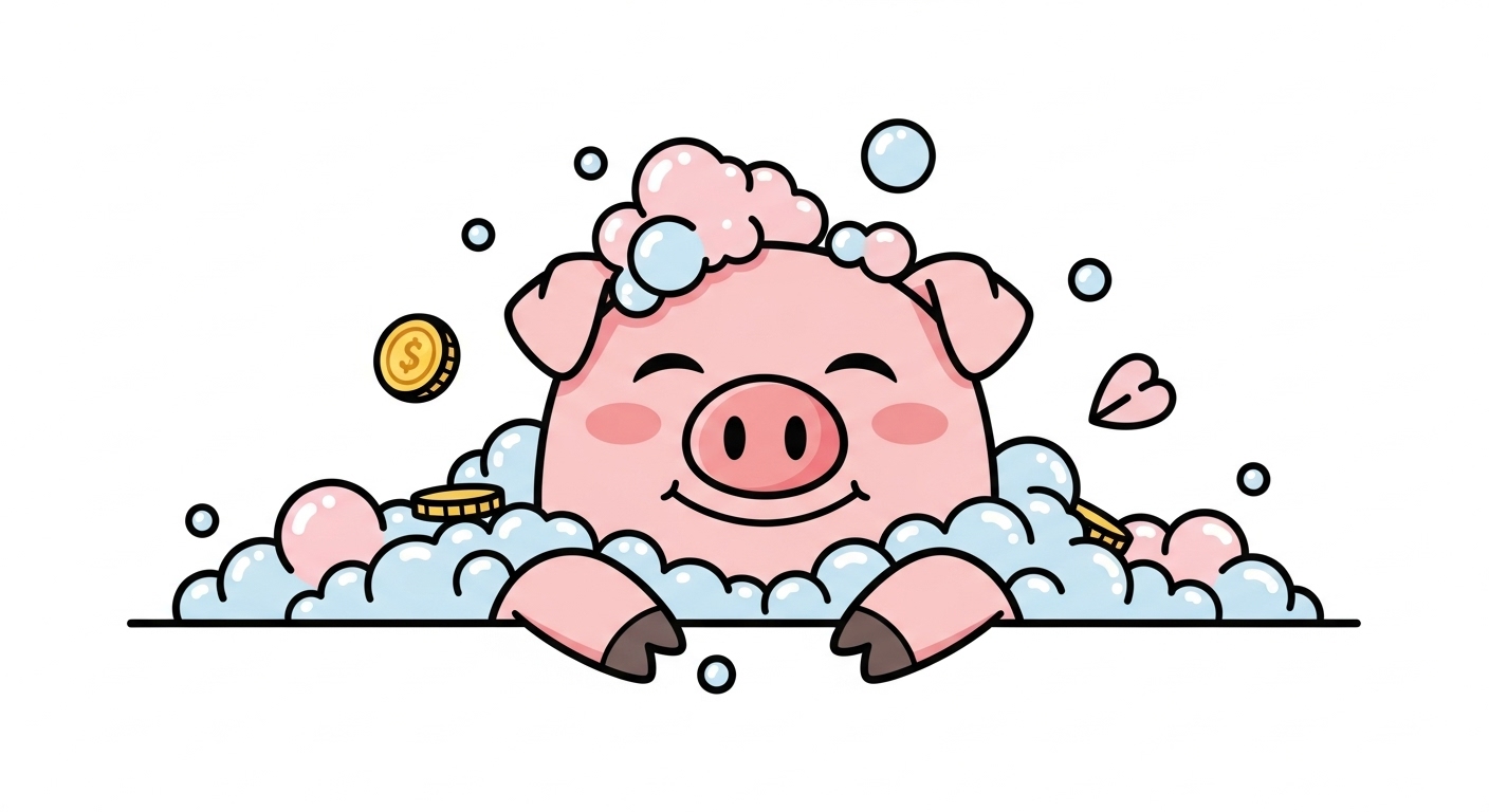 거품 목욕을 즐기며 풍요로움과 편안함을 만끽하는 행복한 돼지 캐릭터 일러스트